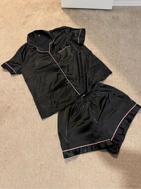 SHEIN Black Satin Short Sleeve Pajama Set with Pink Trim
